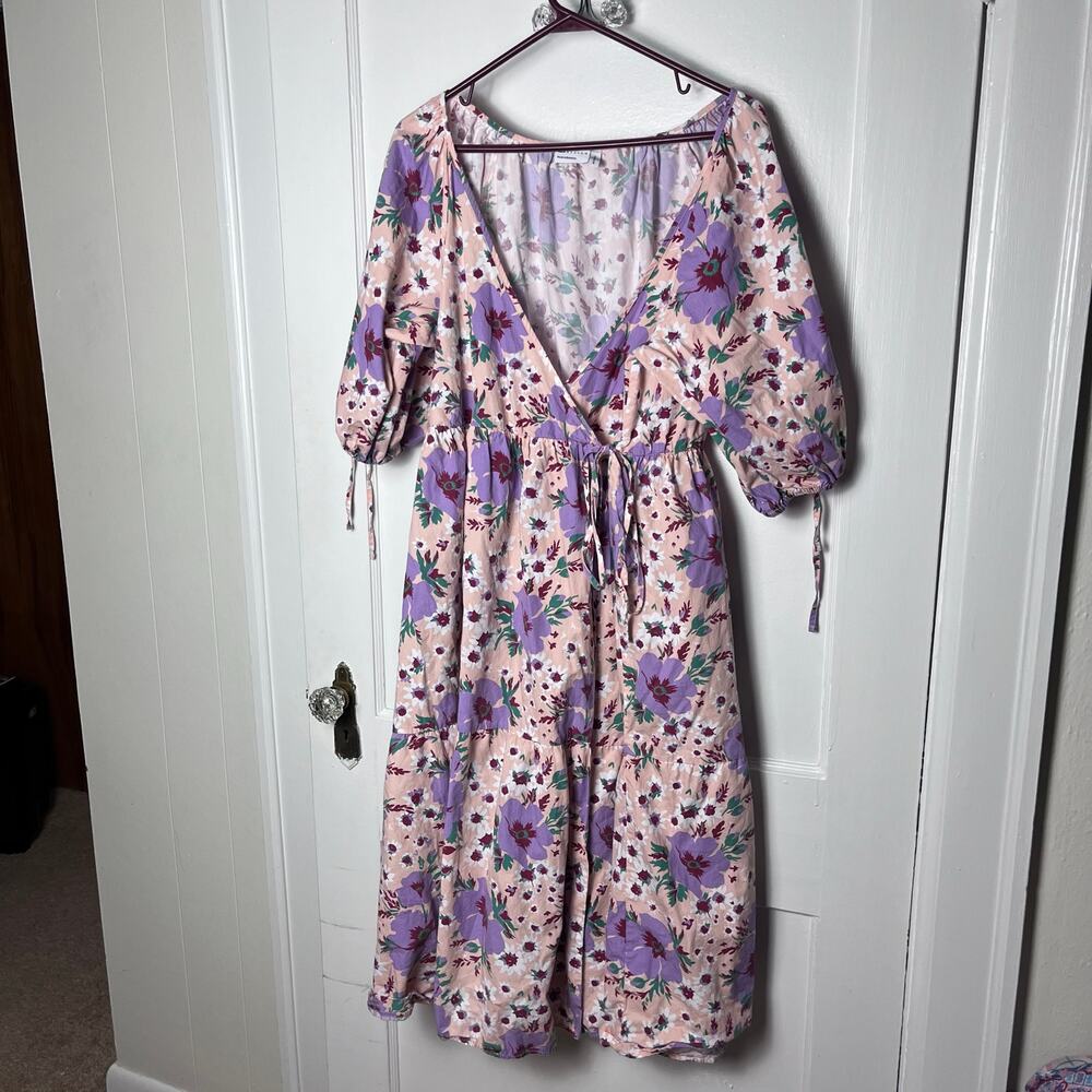 ASOS Pink Floral Midi Dress with Purple Bloom Print
